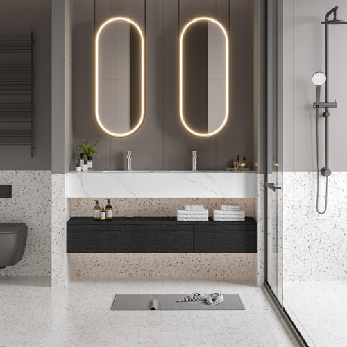 Black 60'' Wall Mounted Bathroom Vanity With Double Sink   Stone Top 